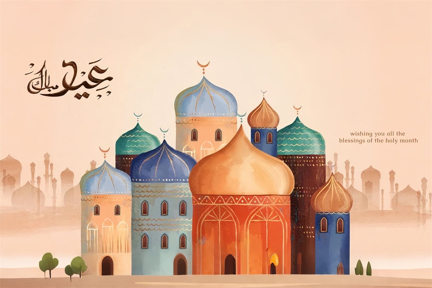 Ramadan Mubarak Backdrop Watercolor Mosque Architecture Backdrop UK GQ3-4