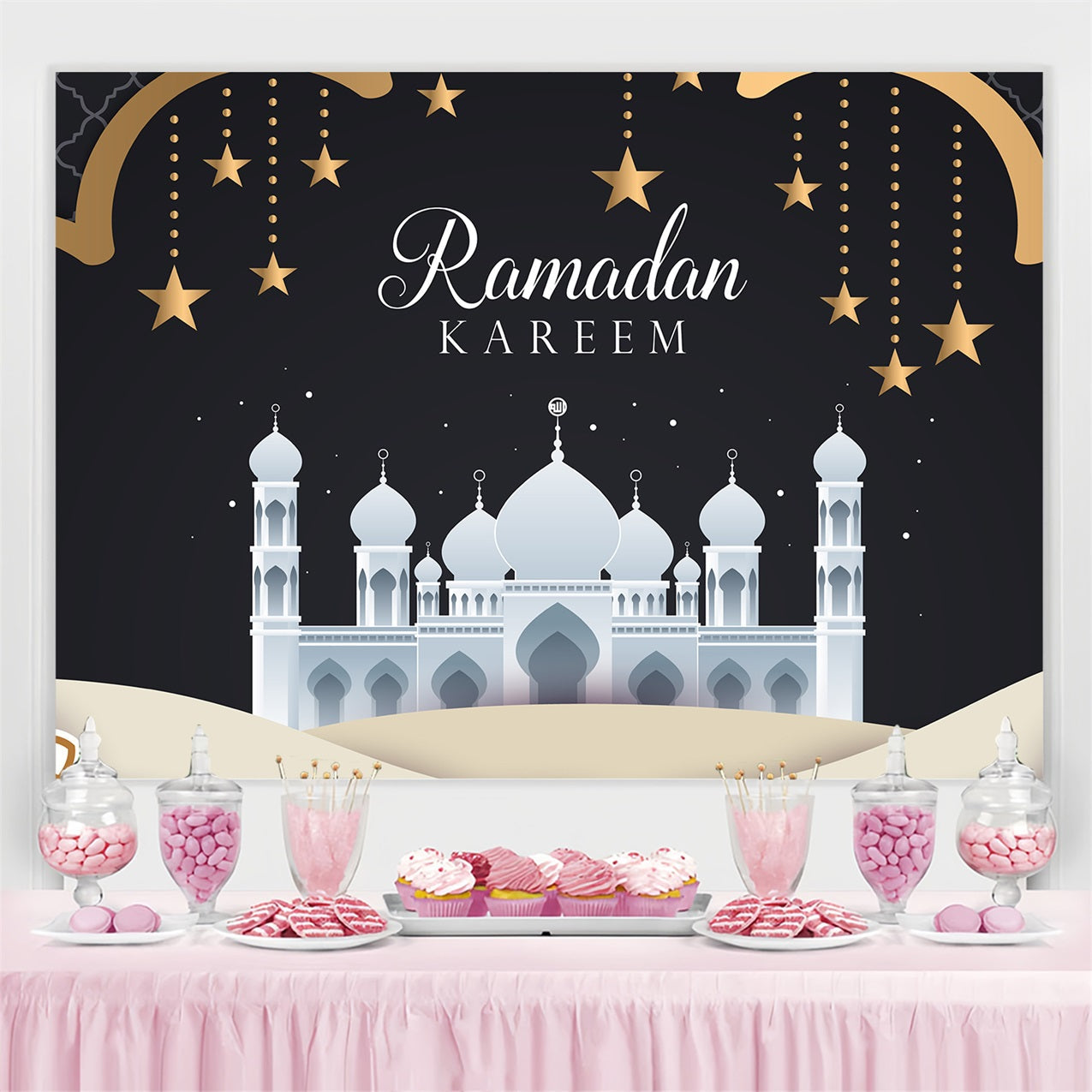 Ramadan Mubarak Backdrop White Mosque Night Backdrop UK GQ3-40