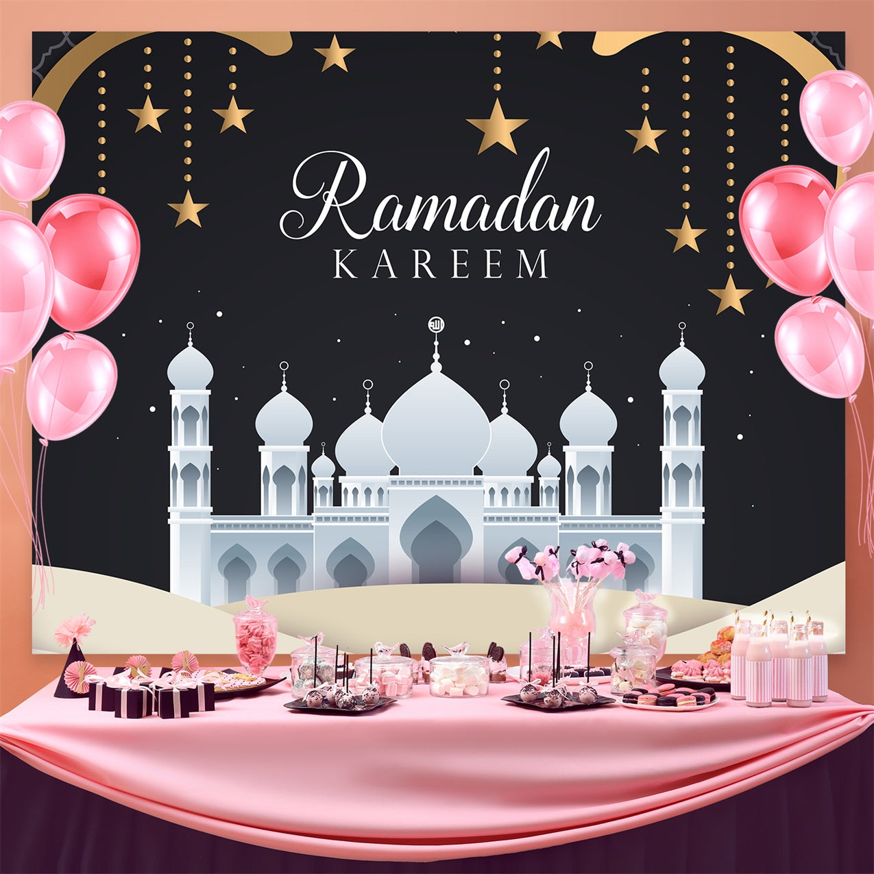 Ramadan Mubarak Backdrop White Mosque Night Backdrop UK GQ3-40