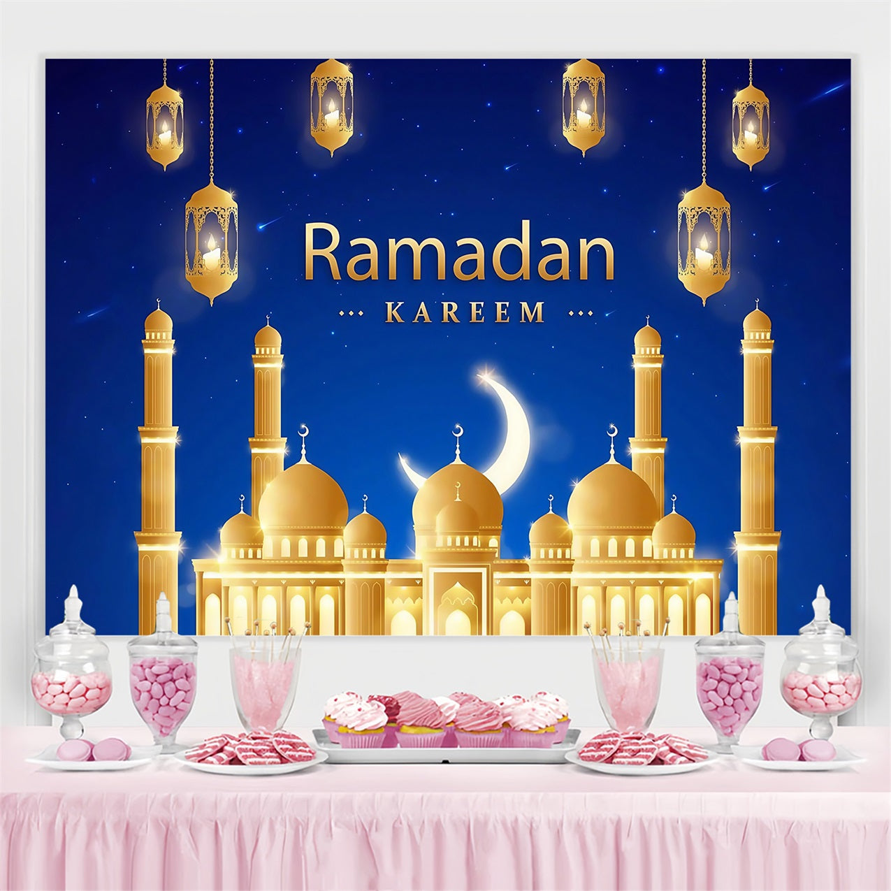 Ramadan Backdrops Majestic Golden Mosque Lanterns Backdrop UK GQ3-42