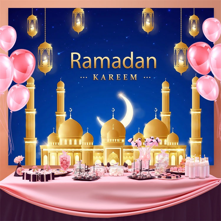 Ramadan Backdrops Majestic Golden Mosque Lanterns Backdrop UK GQ3-42