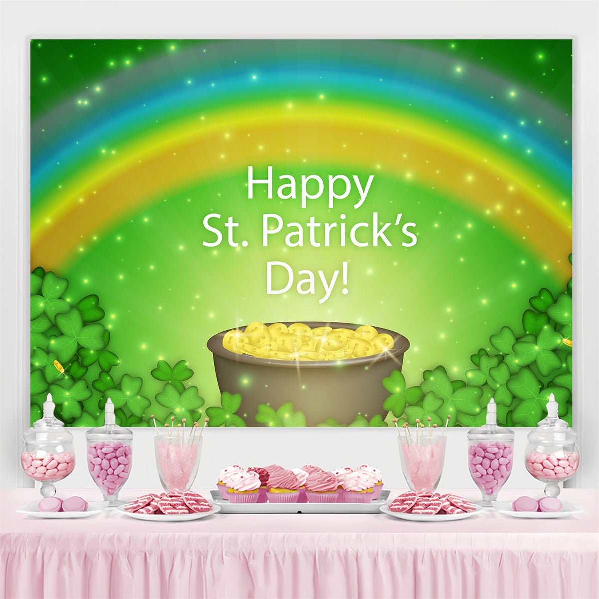 St Patricks Day Backdrop Golden Pot Rainbow Shamrock Backdrop UK GQ3-44