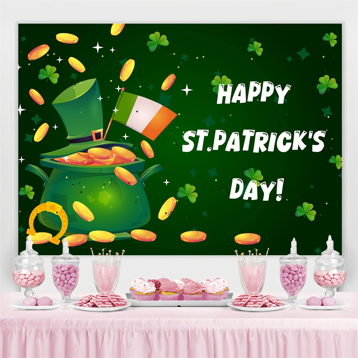 St Patricks Day Backdrop Lucky Green Hat Coins Sparkle Backdrop UK GQ3-49