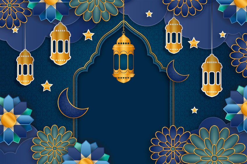 Eid Mubarak Backdrop Floral Mandala Blue Festive Backdrop UK GQ3-71