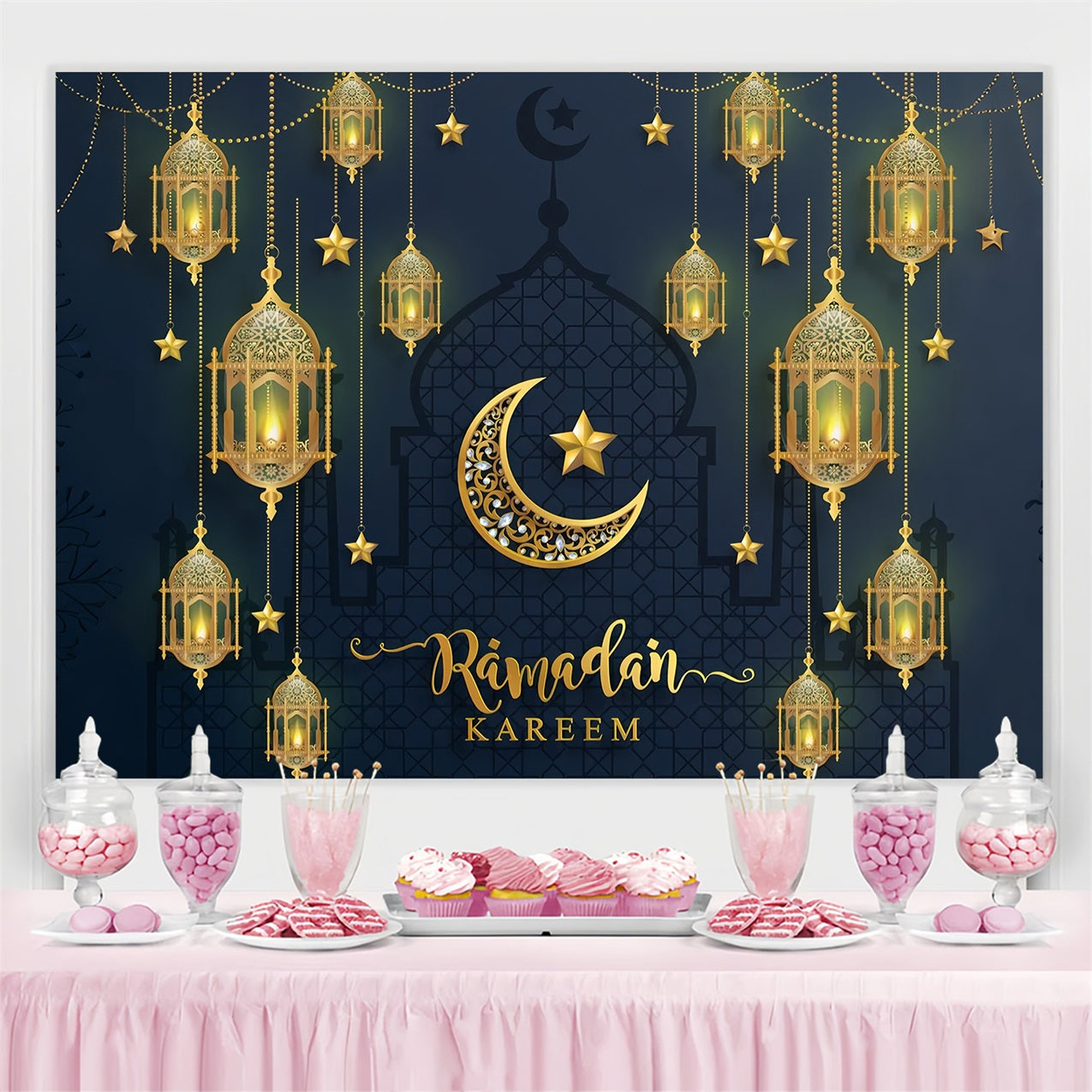 Ramadan Mubarak Backdrop Grand Mosque Crescent Lantern Backdrop UK GQ3-8