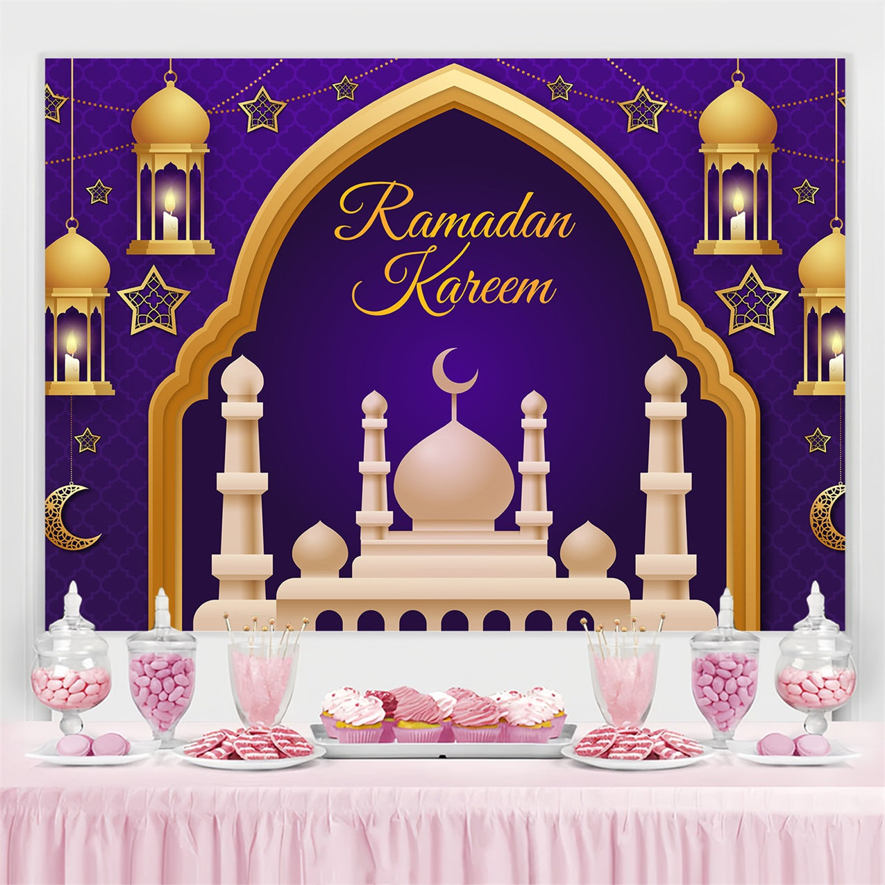 Ramadan Backdrops Royal Purple Gold Lantern Arch Backdrop UK GQ3-9