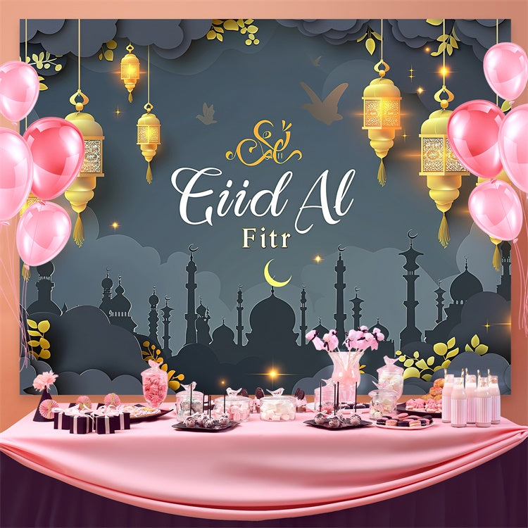 Eid Mubarak Backdrop Dreamy Golden Lights Elegant Gray Backdrop UK GQ3-91