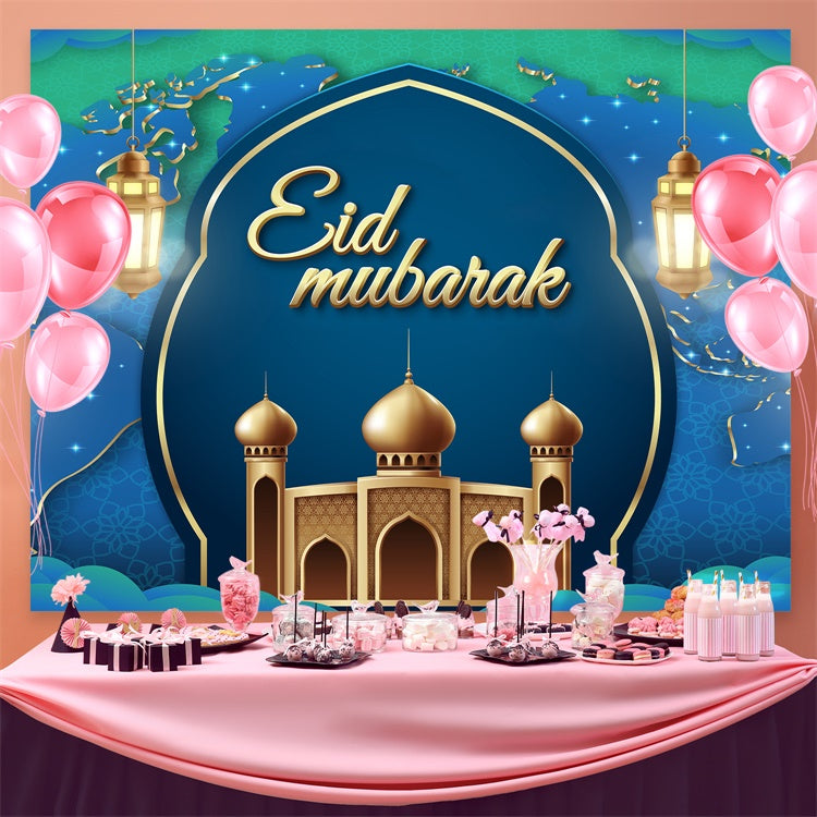Eid Mubarak Backdrop Golden Lanterns Blue Arch Backdrop UK GQ3-96