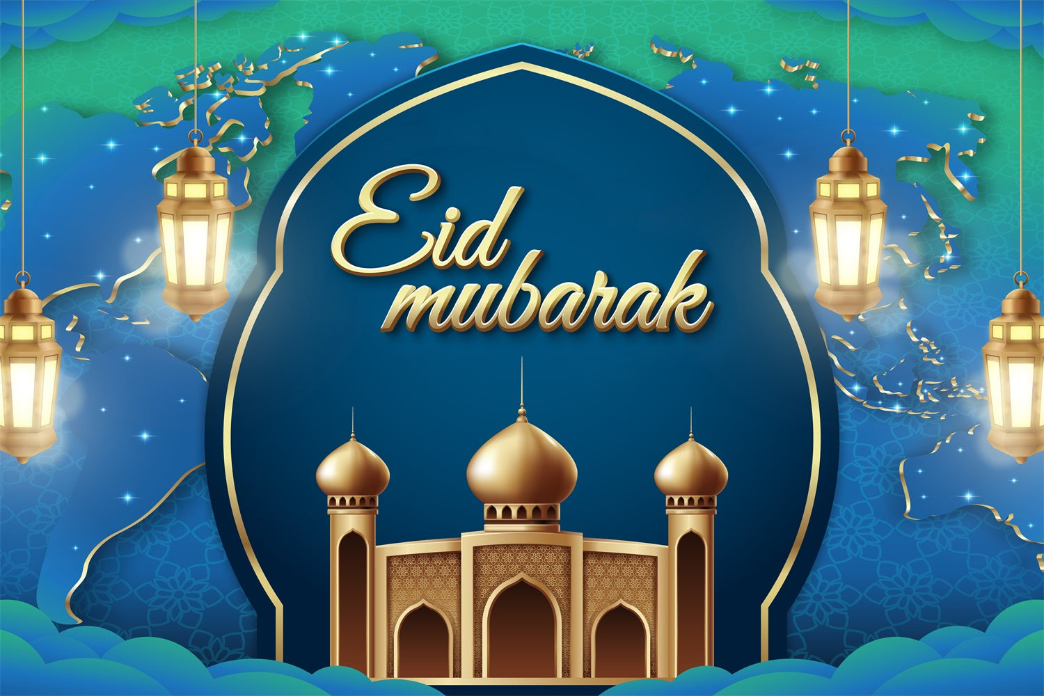 Eid Mubarak Backdrop Golden Lanterns Blue Arch Backdrop UK GQ3-96
