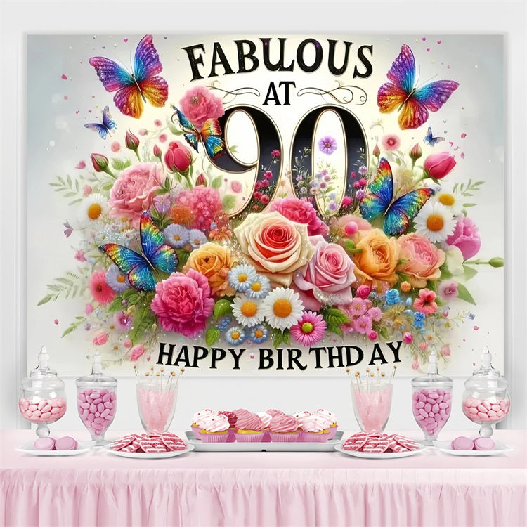Customized Birthday Backdrop Butterflies Flowers 90th Backdrop UK GQ4-10