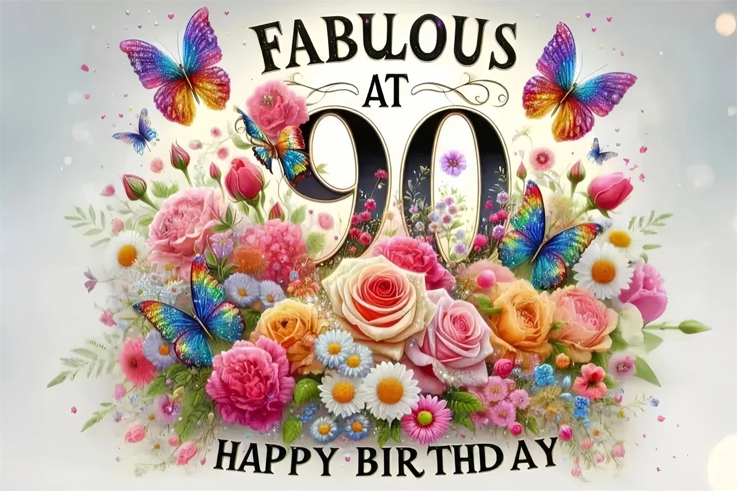 Customized Birthday Backdrop Butterflies Flowers 90th Backdrop UK GQ4-10