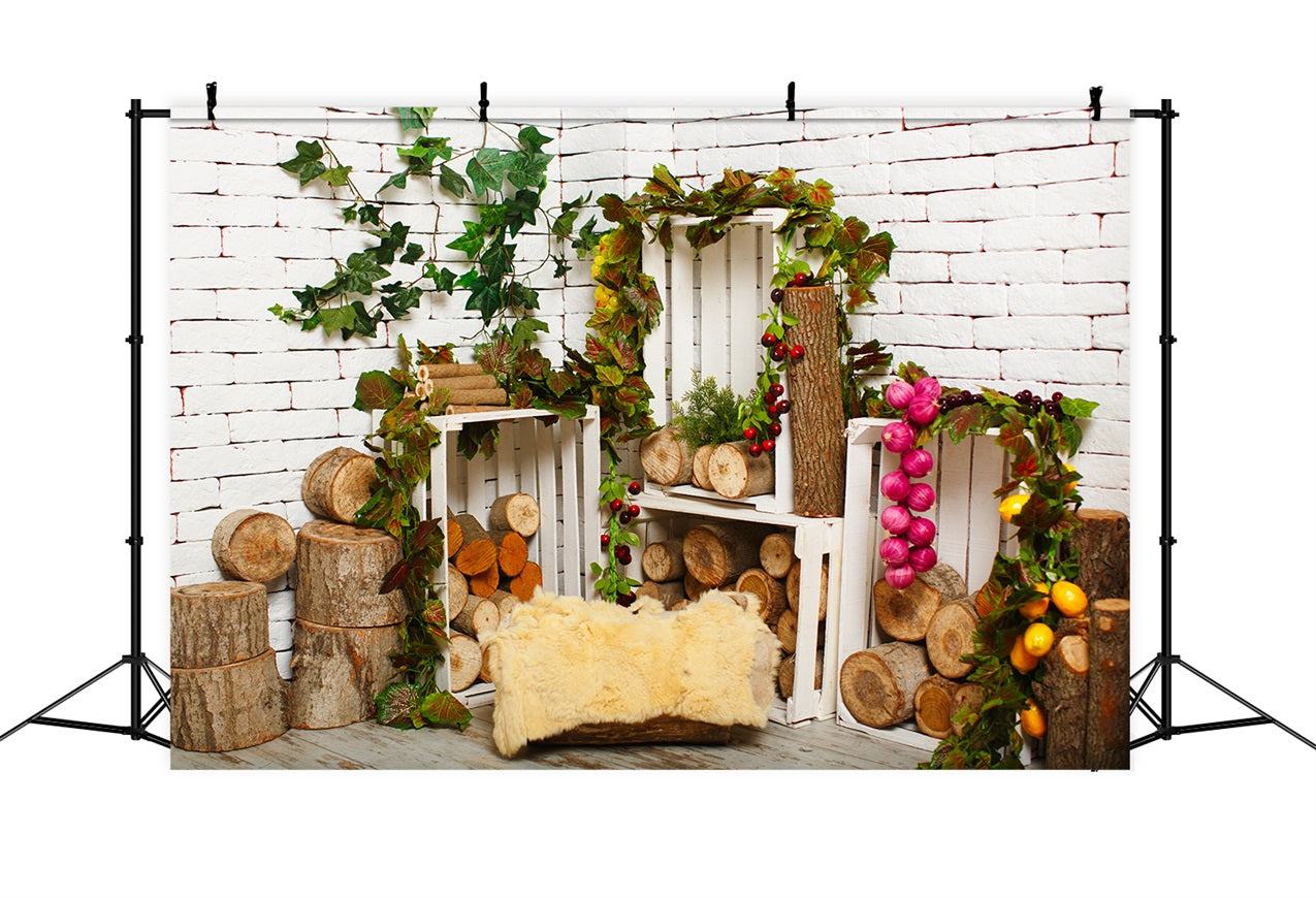 Wood Floor Backdrop White Brick Wall Woodland Backdrop UK GQ4-109