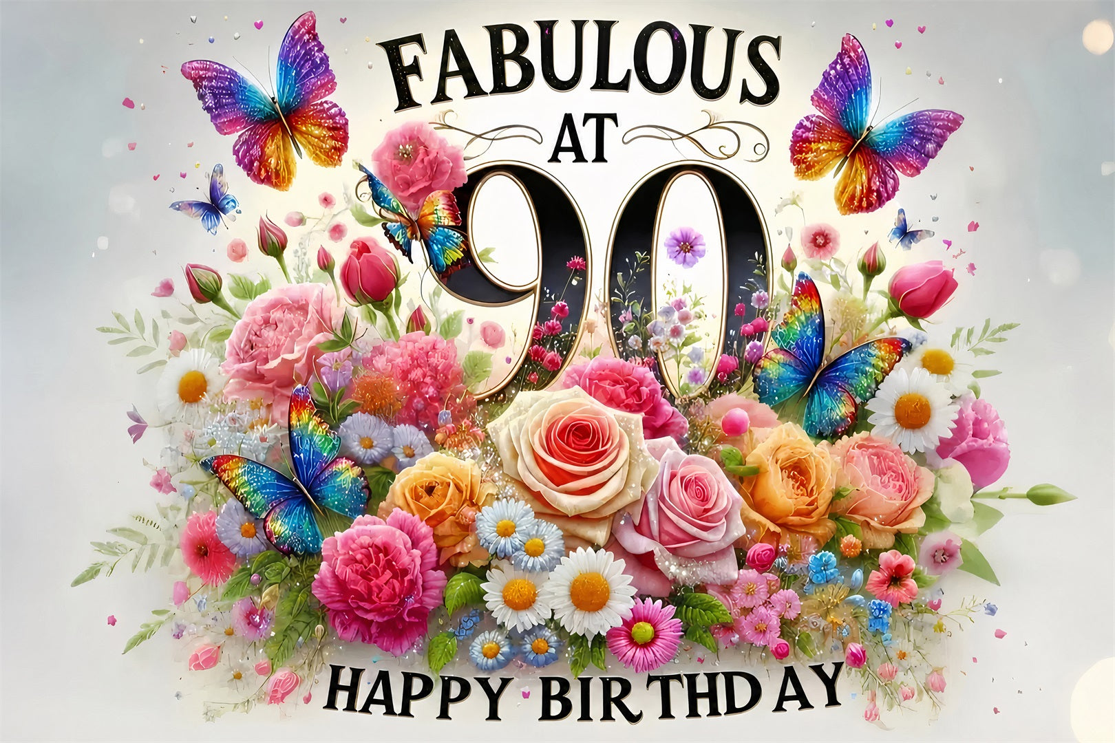 Customized Birthday Backdrop Butterflies Flowers 90th Backdrop UK GQ4-10