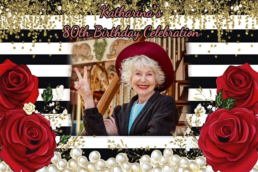 Personalised Birthday Backdrop Rose Pearls 80th Striped Backdrop UK GQ4-11