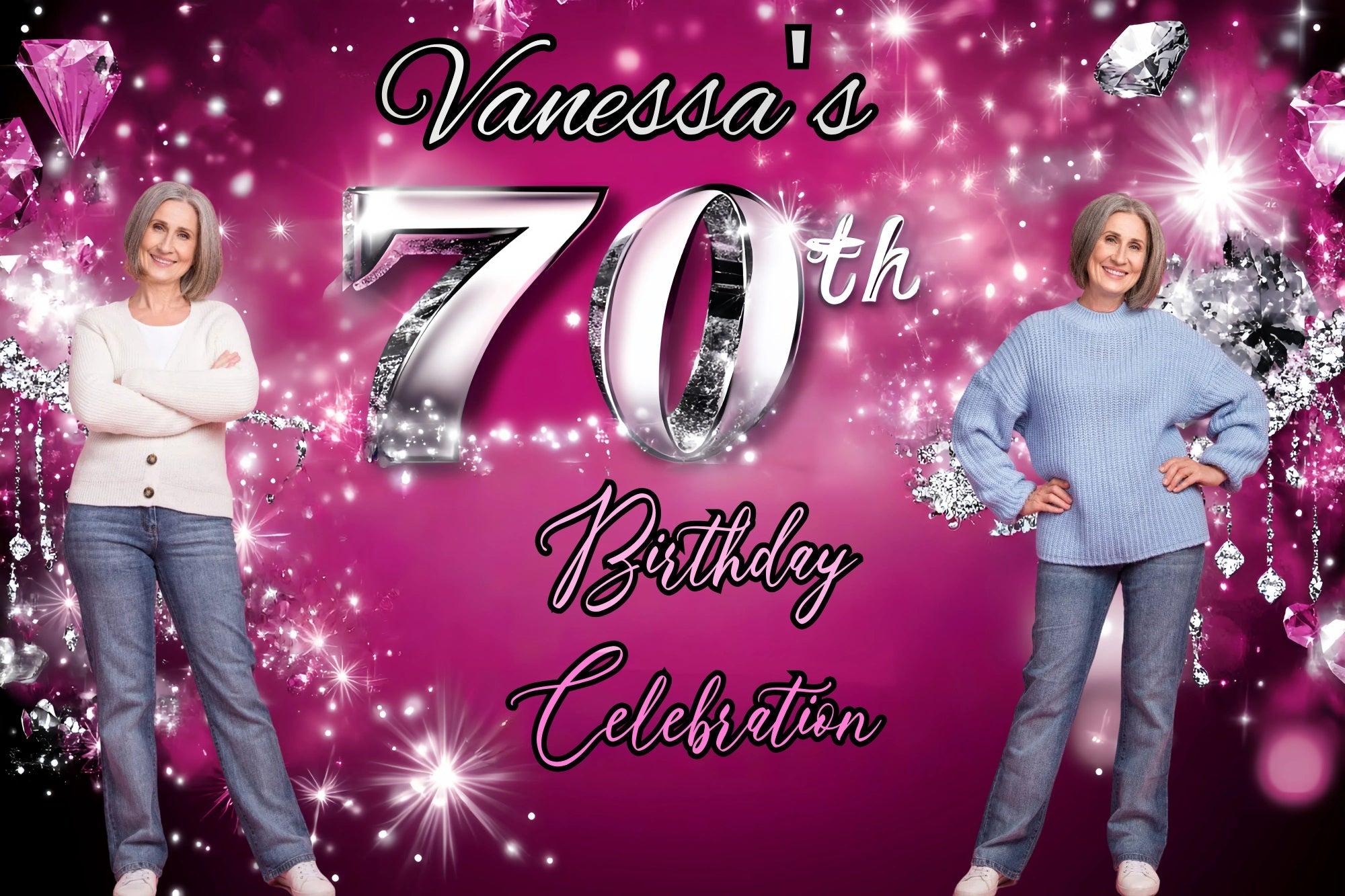 Personalized 70th Birthday Backdrop Pink Diamond Sparkle Backdrop UK GQ4-12
