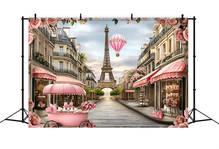 Paris Theme Backdrop Pink Floral Balloon Romance Backdrop UK GQ4-165