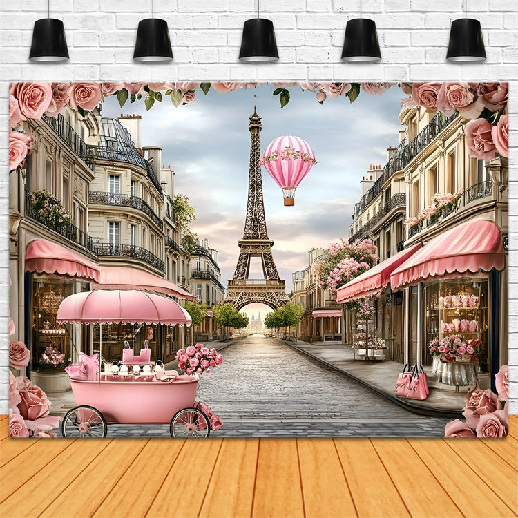 Paris Theme Backdrop Pink Floral Balloon Romance Backdrop UK GQ4-165