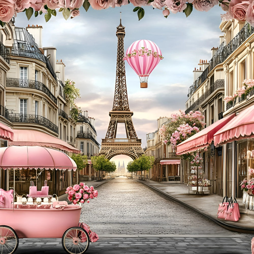 Paris Theme Backdrop Pink Floral Balloon Romance Backdrop UK GQ4-165