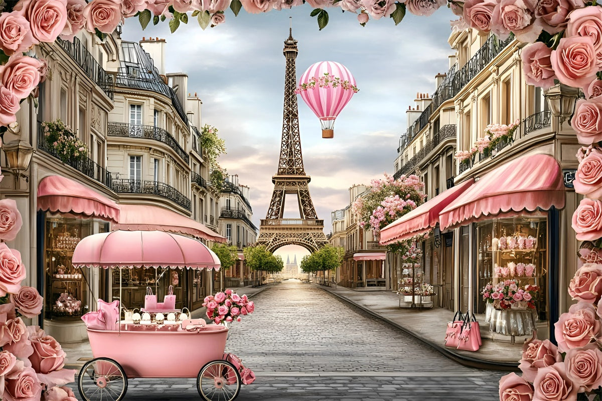 Paris Theme Backdrop Pink Floral Balloon Romance Backdrop UK GQ4-165