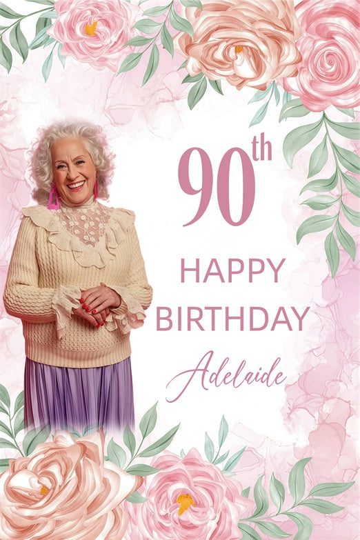 Custom Birthday Backdrop Pink Floral 90th Backdrop UK GQ4-17