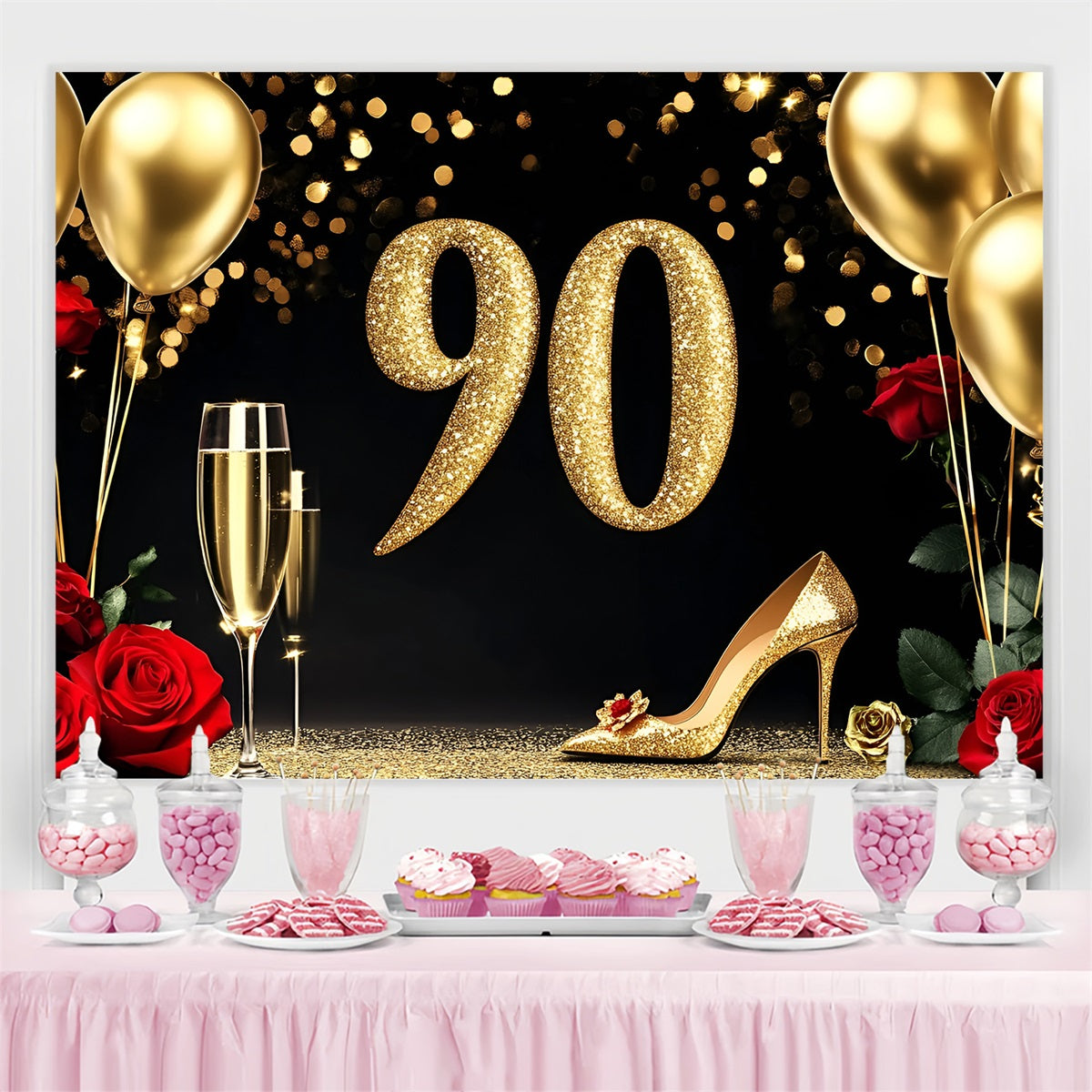 Birthday Backdrops 90th Champagne Rose Personalized Backdrop UK GQ4-217