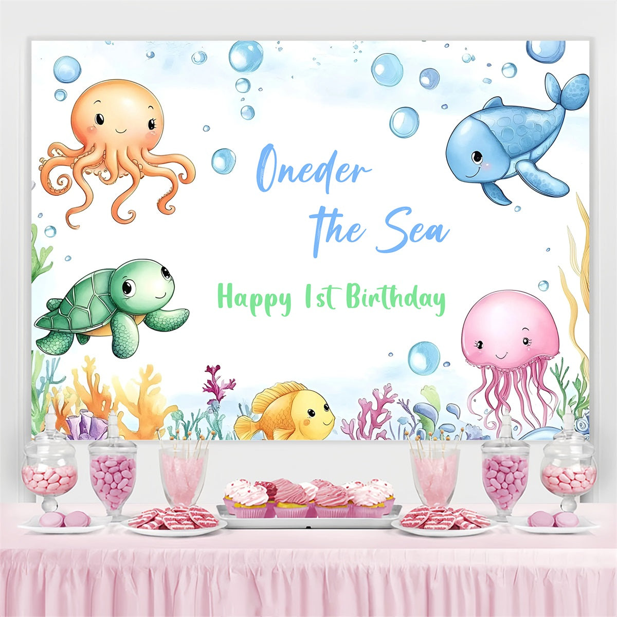 1st Birthday Backdrop Cartoon Sea Animals Personalised Backdrop UK GQ4-220