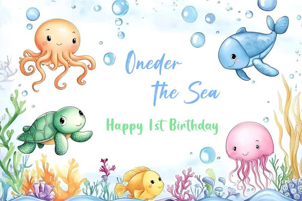 1st Birthday Backdrop Cartoon Sea Animals Personalised Backdrop UK GQ4-220