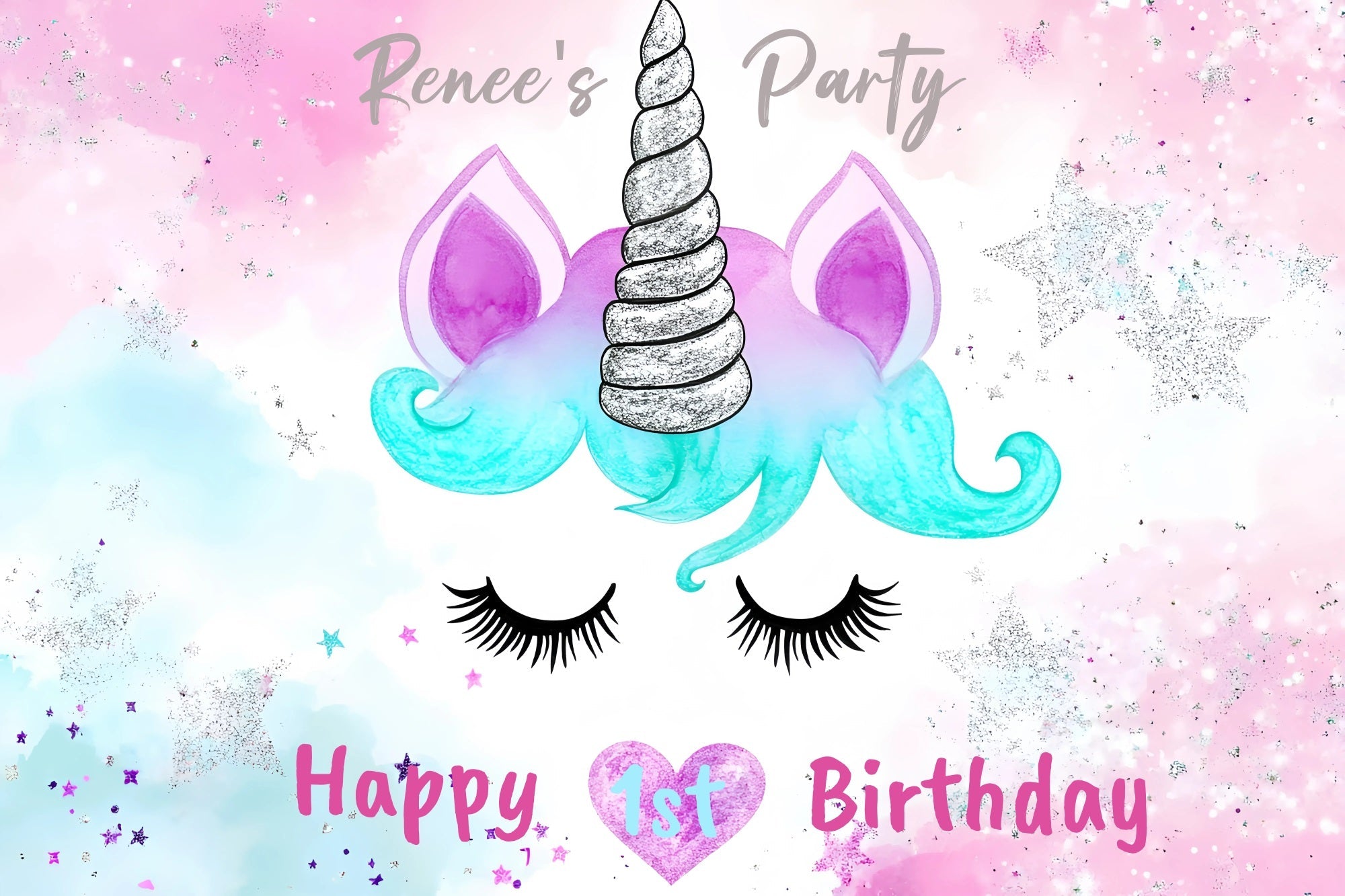Personalised 1st Birthday Backdrop Sparkly Unicorn Face Backdrop UK GQ4-228