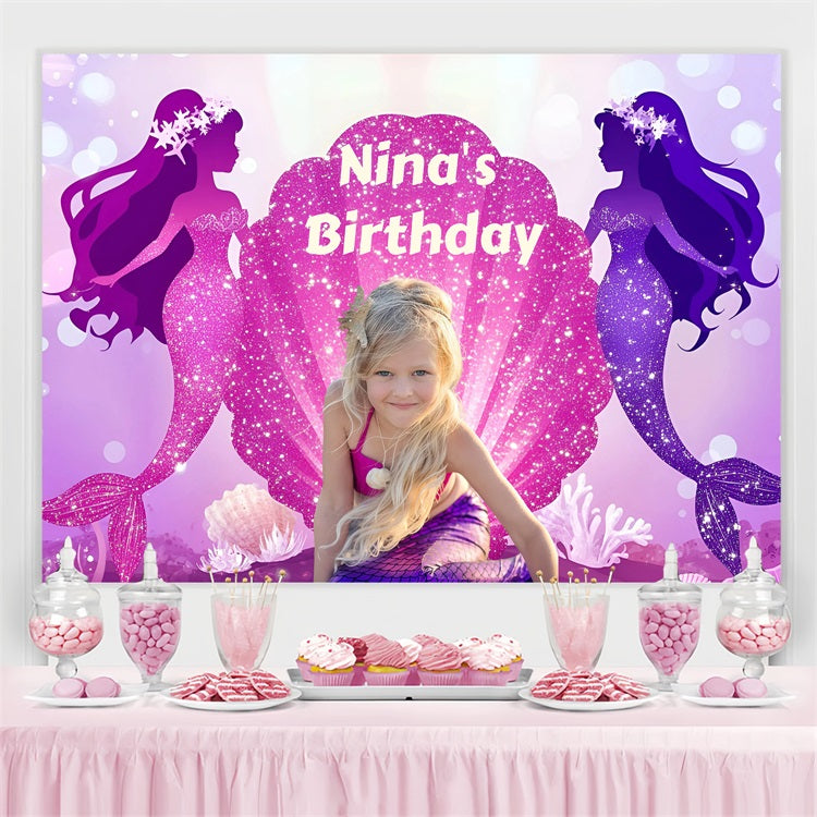 Personalised Birthday Backdrop Sparkly Mermaid Shell Backdrop UK GQ4-236