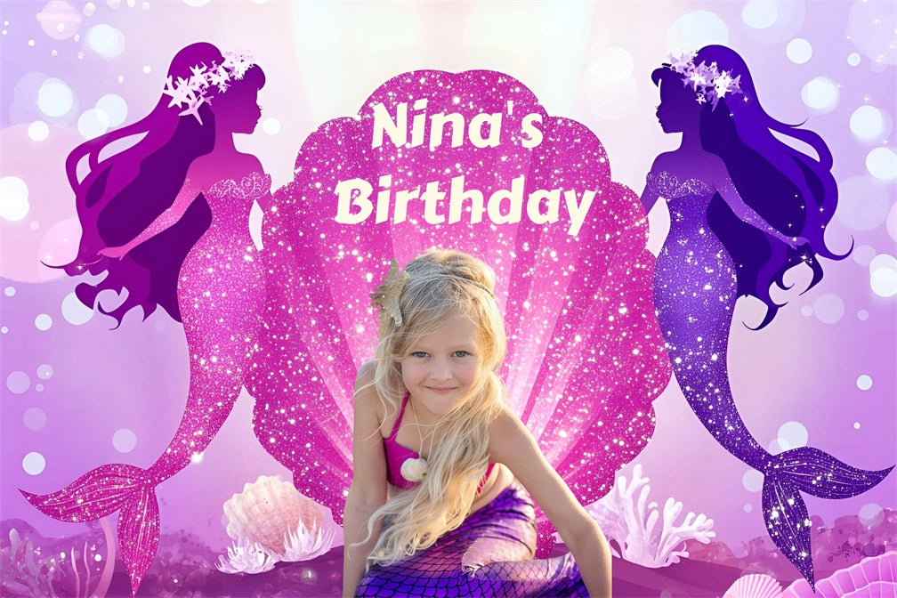 Personalised Birthday Backdrop Sparkly Mermaid Shell Backdrop UK GQ4-236