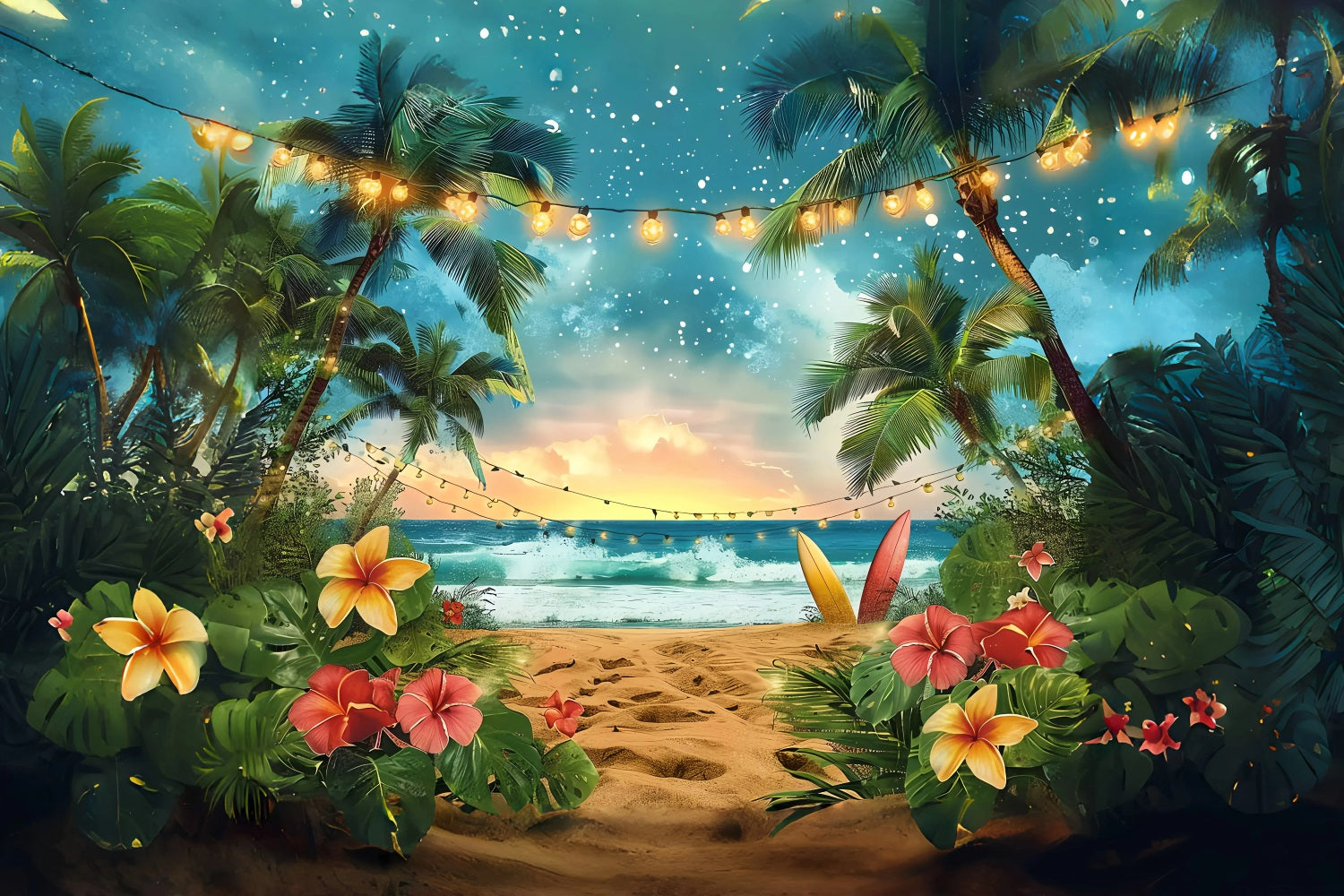 Summer Backdrop Tropical Sunset Surfboard Lights Backdrop UK GQ4-248