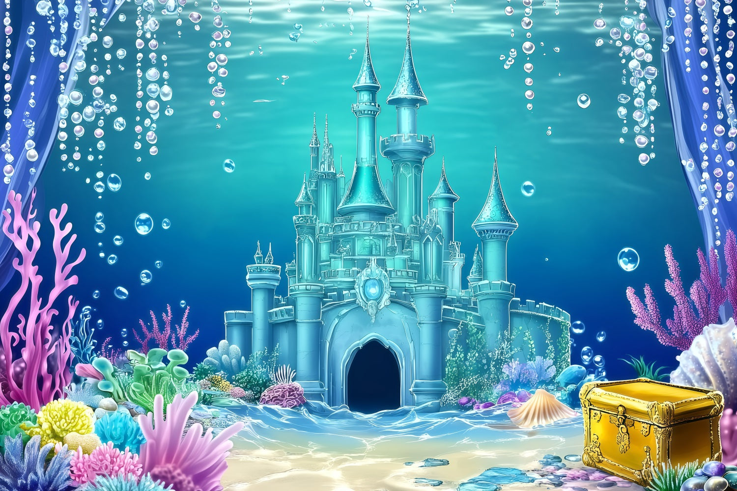 Beach Photo Backdrop Underwater Castle Summer Backdrop UK GQ4-251