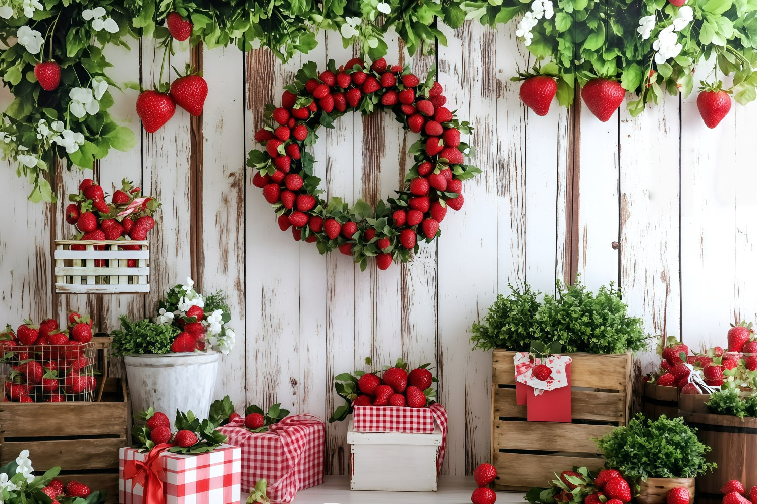 Summer Backdrop Strawberry Wreath Wooden Wall Backdrop UK GQ4-266