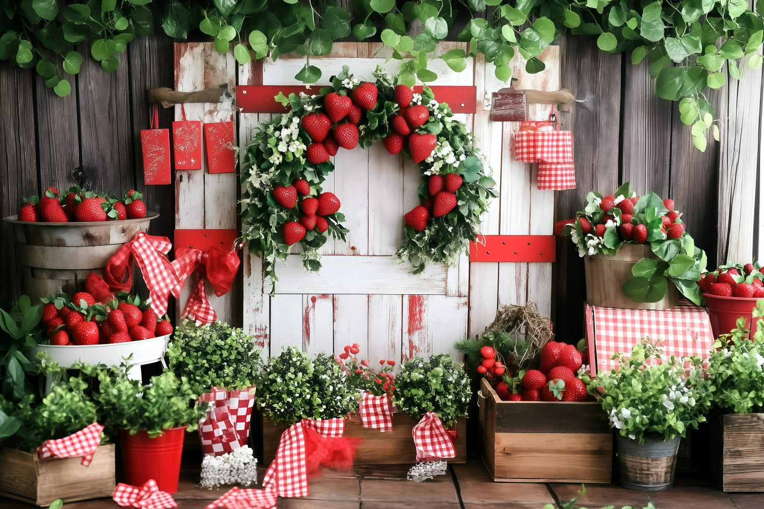 Summer Photo Backdrop Wooden Wall Strawberry Harvest Backdrop UK GQ4-269