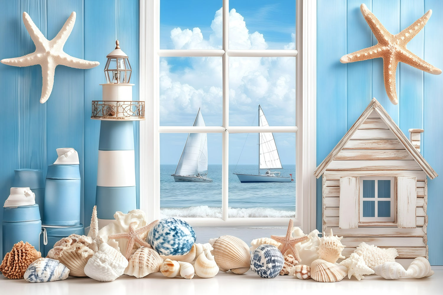 Backdrop Beach Coastal Window Sailboat Summer Backdrop UK GQ4-279