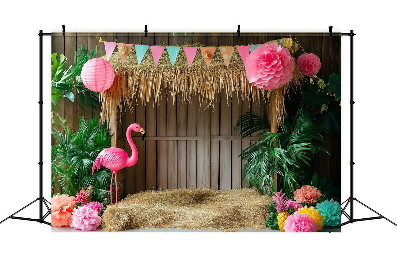 Tropical Backdrops Flamingo Tiki Hut Summer Backdrop UK GQ4-292