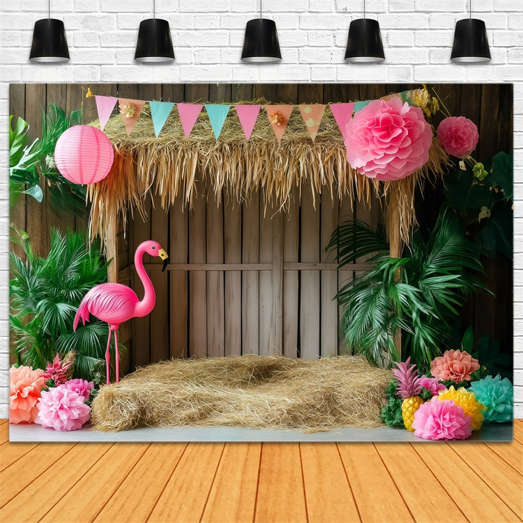 Tropical Backdrops Flamingo Tiki Hut Summer Backdrop UK GQ4-292