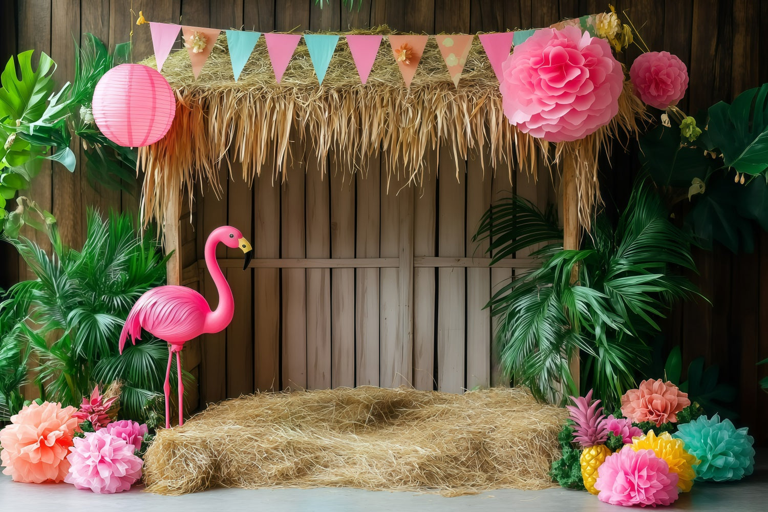 Tropical Backdrops Flamingo Tiki Hut Summer Backdrop UK GQ4-292