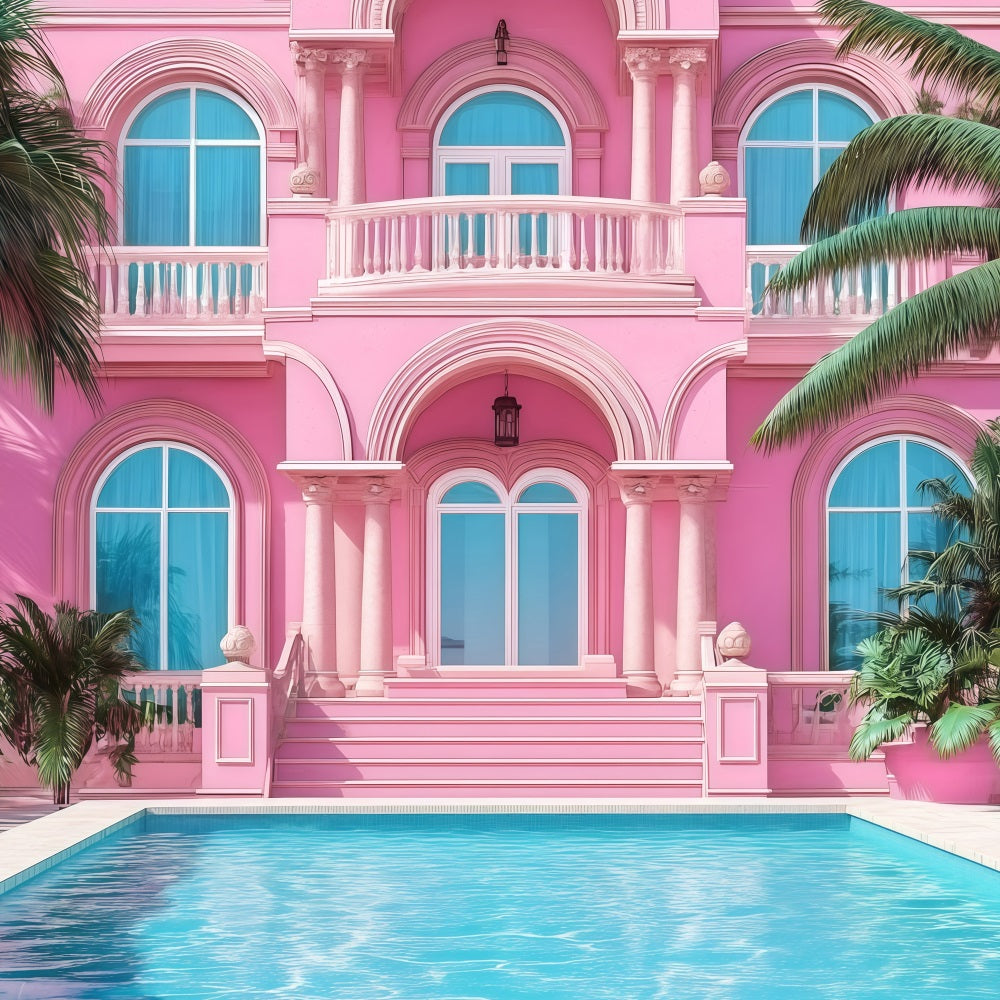 Tropical Backdrop Pink Mansion Poolside Summer Backdrop UK GQ4-296