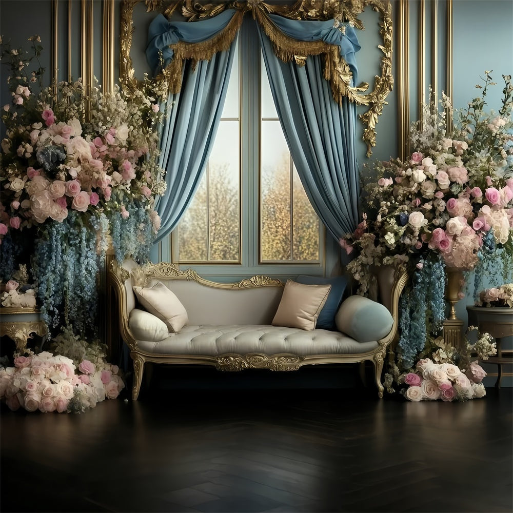 Retro Backdrop Royal Blue Curtain Floral Vintage Photo Backdrops UK GQ4-317
