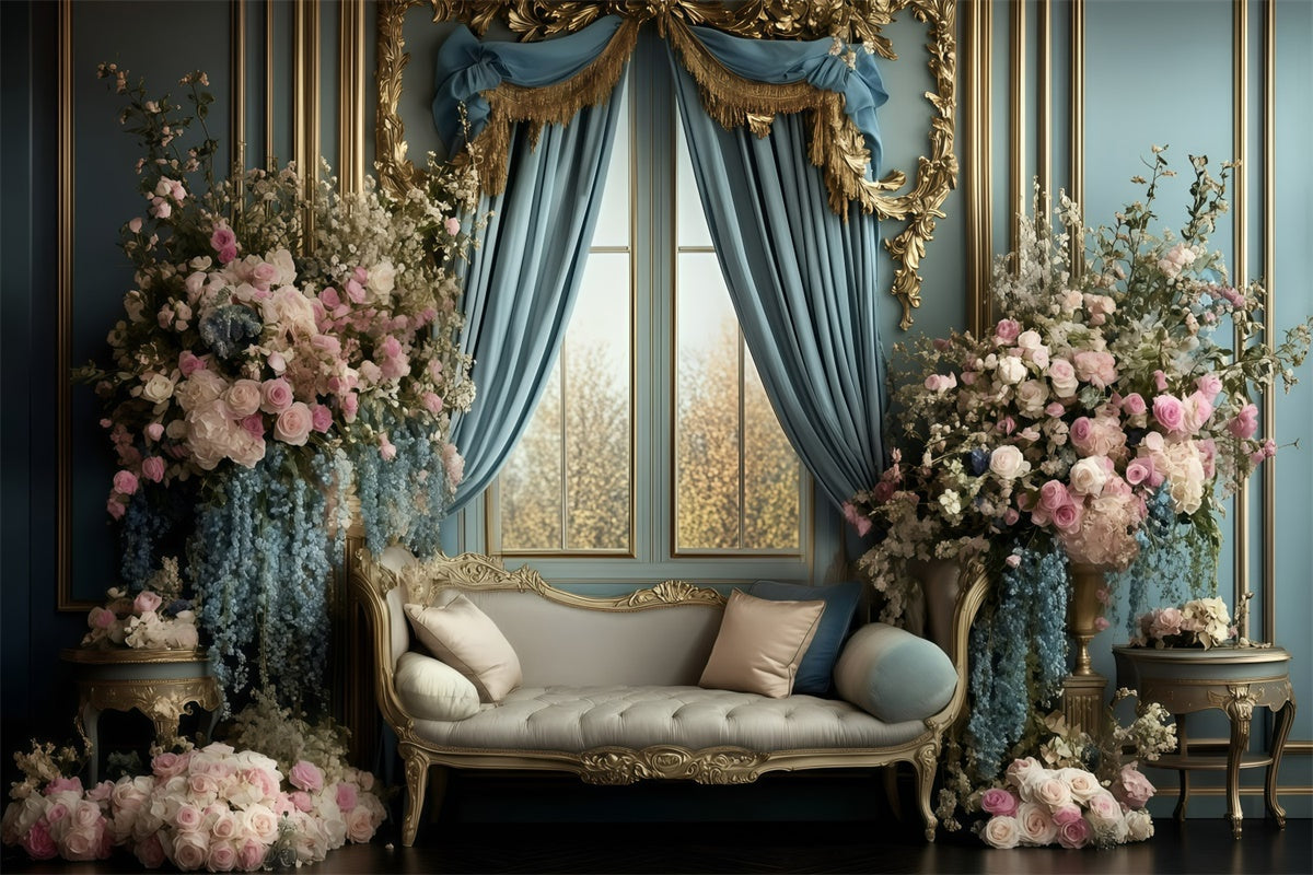 Retro Backdrop Royal Blue Curtain Floral Vintage Photo Backdrops UK GQ4-317
