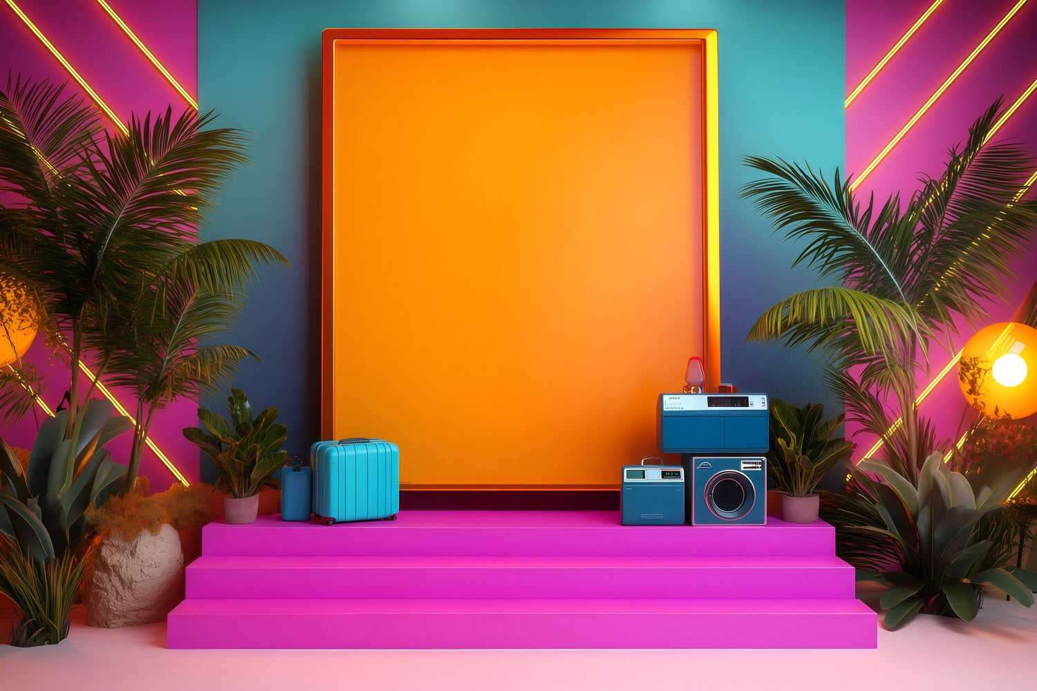 80s Backdrop Neon Tropical Palm Vintage Photography Backdrops UK GQ4-328