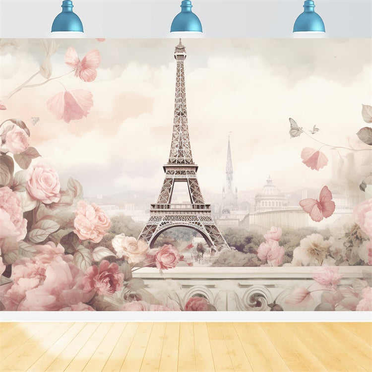 Paris Eiffel Tower Backdrop Pastel Flowers Romance Backdrop UK GQ4-37