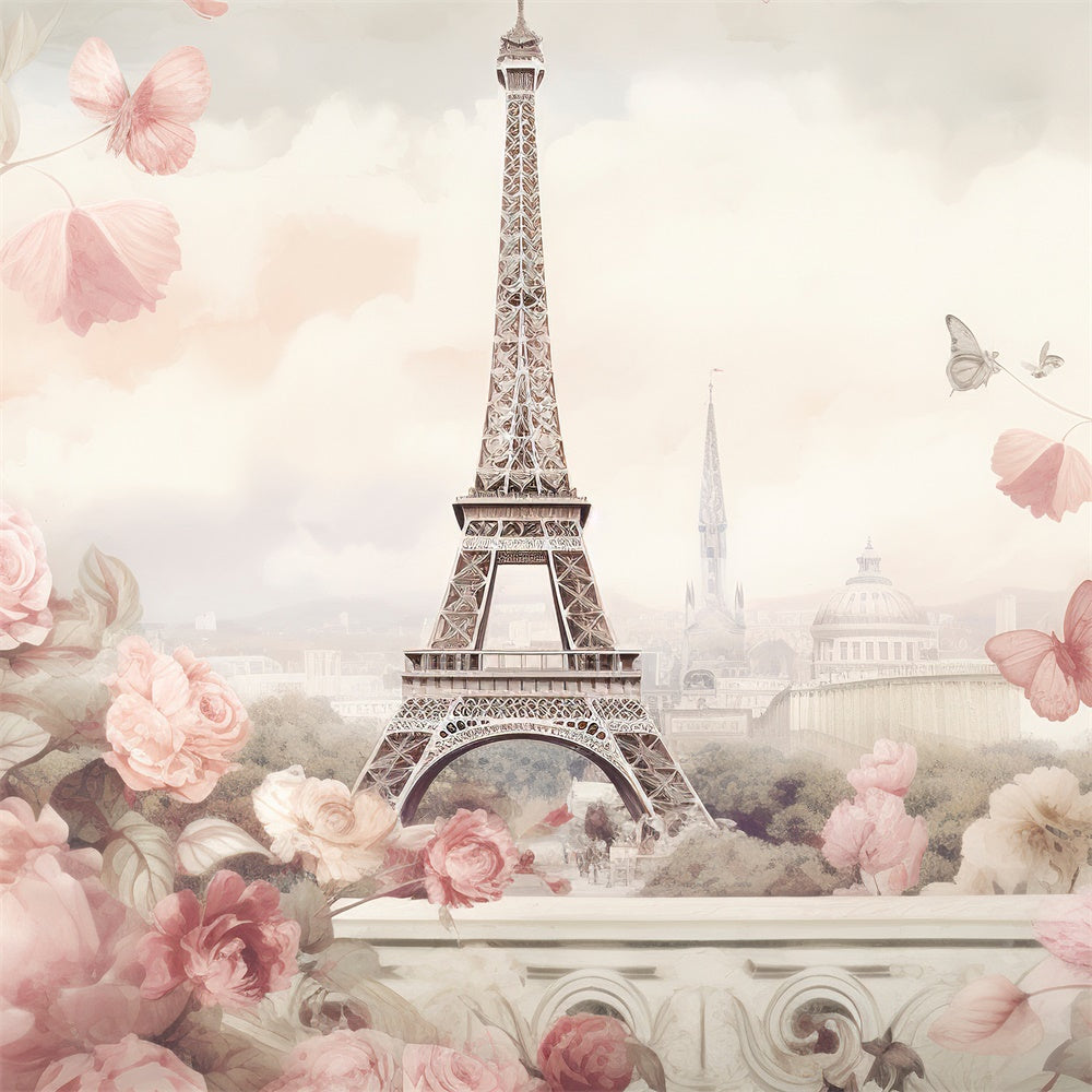 Paris Eiffel Tower Backdrop Pastel Flowers Romance Backdrop UK GQ4-37