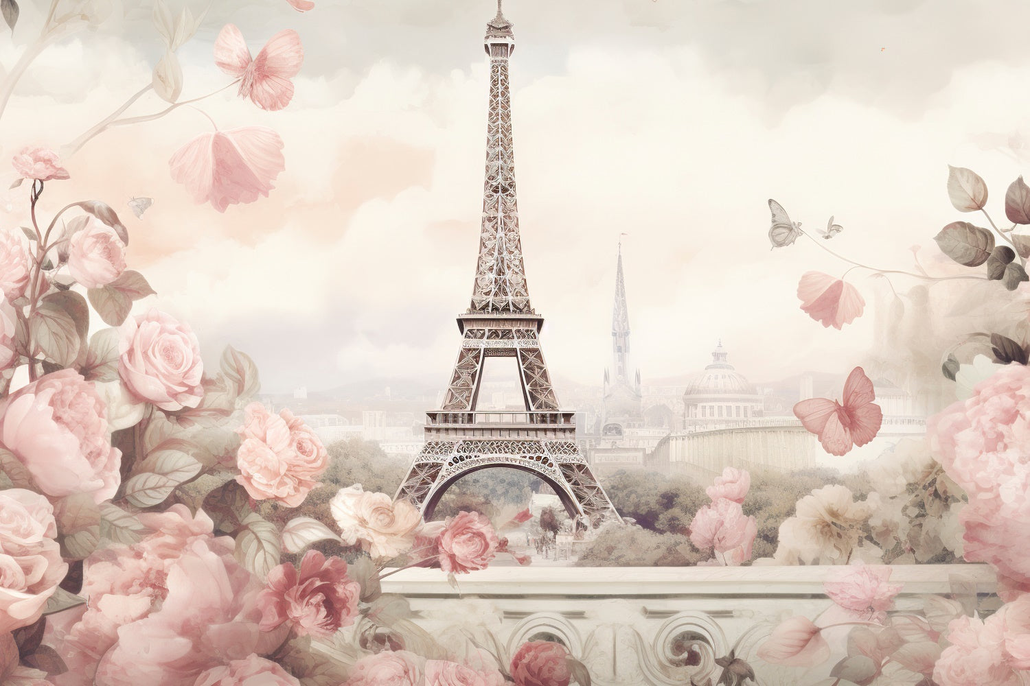 Paris Eiffel Tower Backdrop Pastel Flowers Romance Backdrop UK GQ4-37
