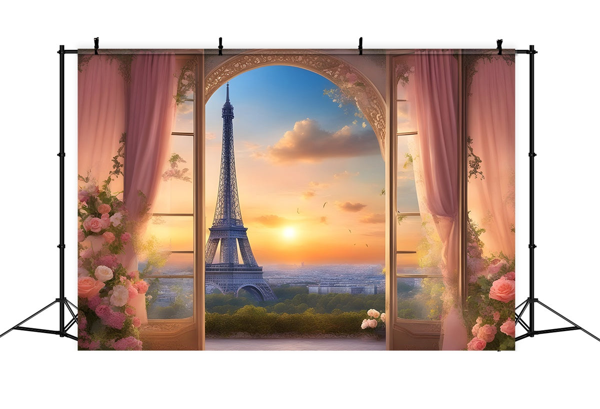 Eiffel Tower Paris Backdrop Sunset View Floral Curtains Backdrop UK GQ4-38