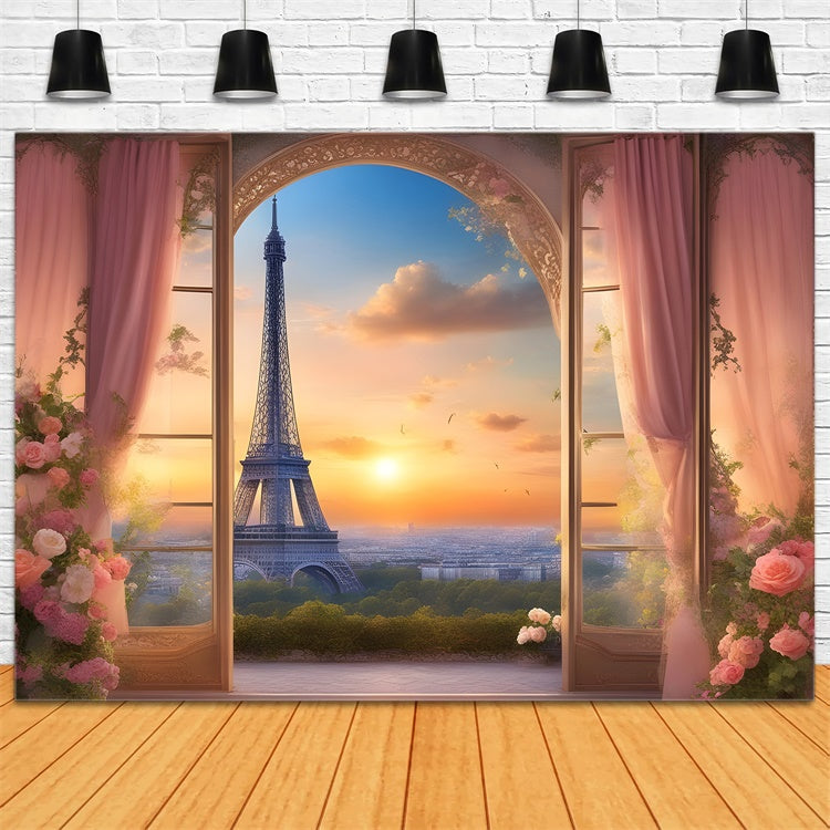 Eiffel Tower Paris Backdrop Sunset View Floral Curtains Backdrop UK GQ4-38