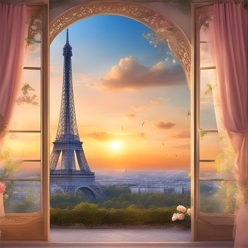 Eiffel Tower Paris Backdrop Sunset View Floral Curtains Backdrop UK GQ4-38