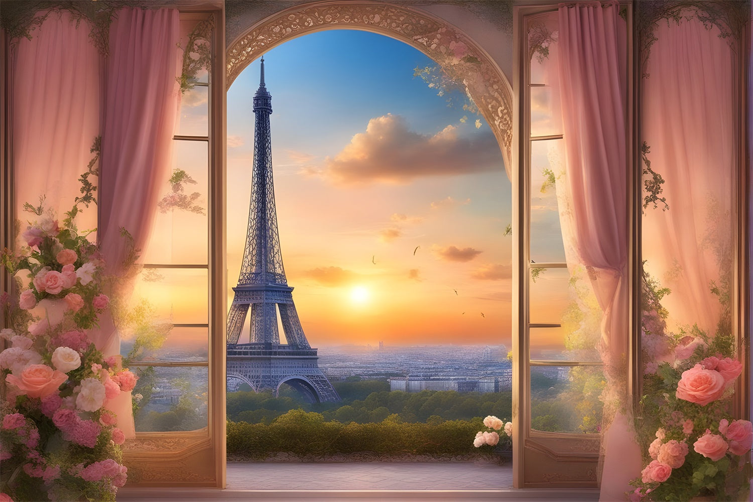 Eiffel Tower Paris Backdrop Sunset View Floral Curtains Backdrop UK GQ4-38