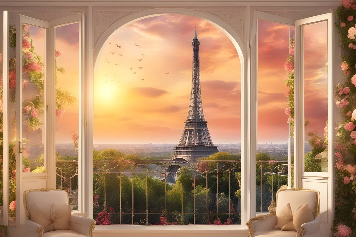 Paris Skyline Backdrop Cozy Chair Sunset Balcony Backdrop UK GQ4-39